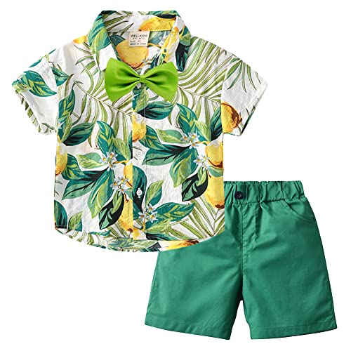 Volunboy Kleinkind Kurzarm Hemd + Kurze Hosen Set, Sommer Floral Button T-Shirt Shorts Outfit(18-24 Monate,Grüne Zitrone,Größe 90) von Volunboy