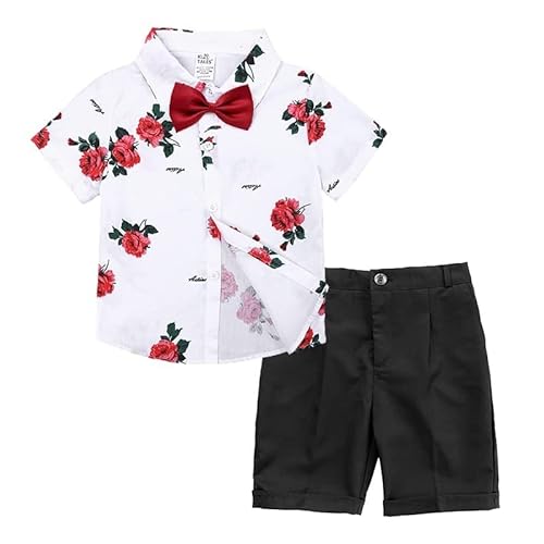 Volunboy Kleinkind Kurzarm Hemd + Kurze Hosen Set, Sommer Floral Button T-Shirt Shorts Outfit(18-24 Monate,Rote Rose,Größe 90) von Volunboy