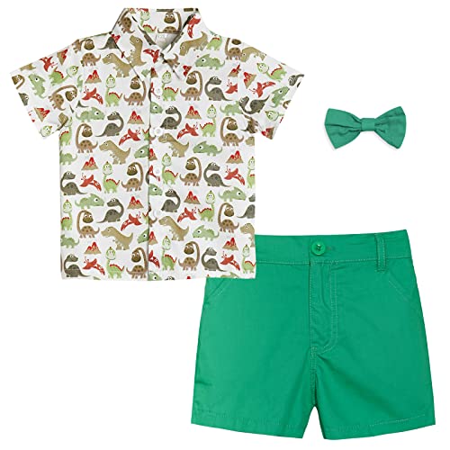 Volunboy Kleinkind Kurzarm Hemd + Kurze Hosen Set, Sommer Floral Button T-Shirt Shorts Outfit(2-3 Jahre,Grüner Dino,Größe 100) von Volunboy