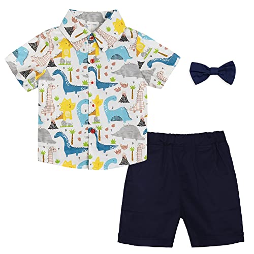 Volunboy Kleinkind Kurzarm Hemd + Kurze Hosen Set, Sommer Floral Button T-Shirt Shorts Outfit(2-3 Jahre,Weißer Dino,Größe 100) von Volunboy