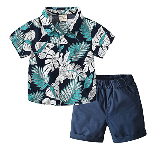 Volunboy Kleinkind Kurzarm Hemd + Kurze Hosen Set, Sommer Floral Button T-Shirt Shorts Outfit(4-5 Jahre,Schwarze Blätter,Größe 120) von Volunboy