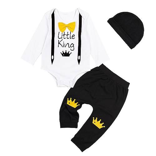 Volunboy Neugeborenes Baby Junge Kleidung Set, Fliege Langarm Strampler + Hut + Hose 3 tlg Bekleidungsset(Größe 73,6-12 Monate,Weiß Schwarz) von Volunboy