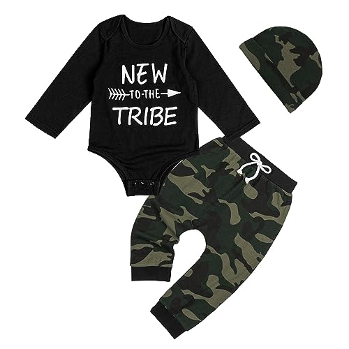 Volunboy Neugeborenes Baby Junge Kleidung Set, Fliege Langarm Strampler + Hut + Hose 3 tlg Bekleidungsset(Größe 80,12-18 Monate,Schwarz Camouflage) von Volunboy