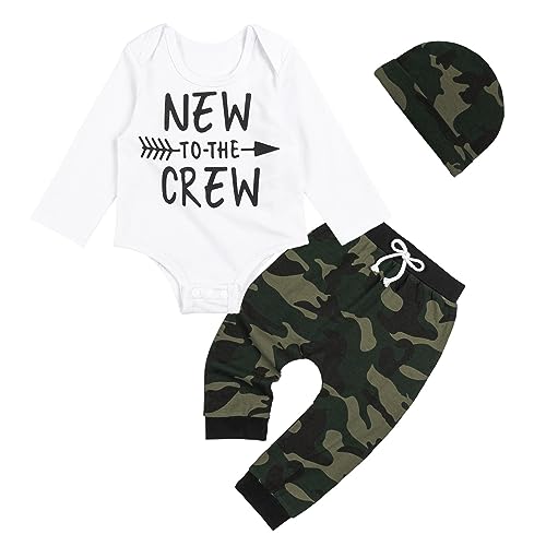 Volunboy Neugeborenes Baby Junge Kleidung Set, Fliege Langarm Strampler + Hut + Hose 3 tlg Bekleidungsset(Größe 80,12-18 Monate,Weiß Camouflage) von Volunboy