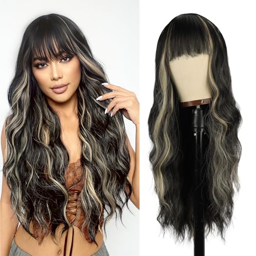 Blonde, schwarze Mischperücke mit Pony, 66 cm lang, gelockt, gewellt, für Damen, natürlich aussehende, hitzebeständige Kunsthaarperücke für den täglichen Gebrauch auf Partys von Vomella