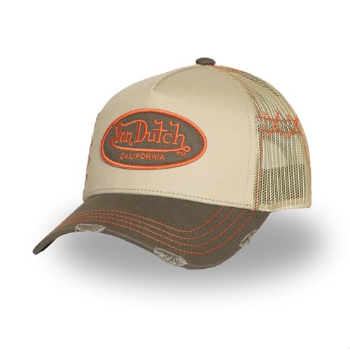 Von Dutch Trucker-Kappe mit Netz für Erwachsene, Used-Look und gestickter Aufnäher, Beige/Orange/Khaki, One size von Von Dutch