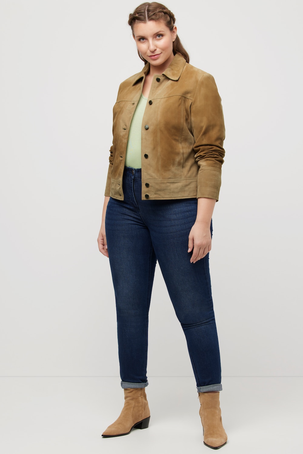 Große Größen Ziegenlederjacke, Damen, beige, Größe: 50, Polyester/Leder, Ulla Popken von Von Landen
