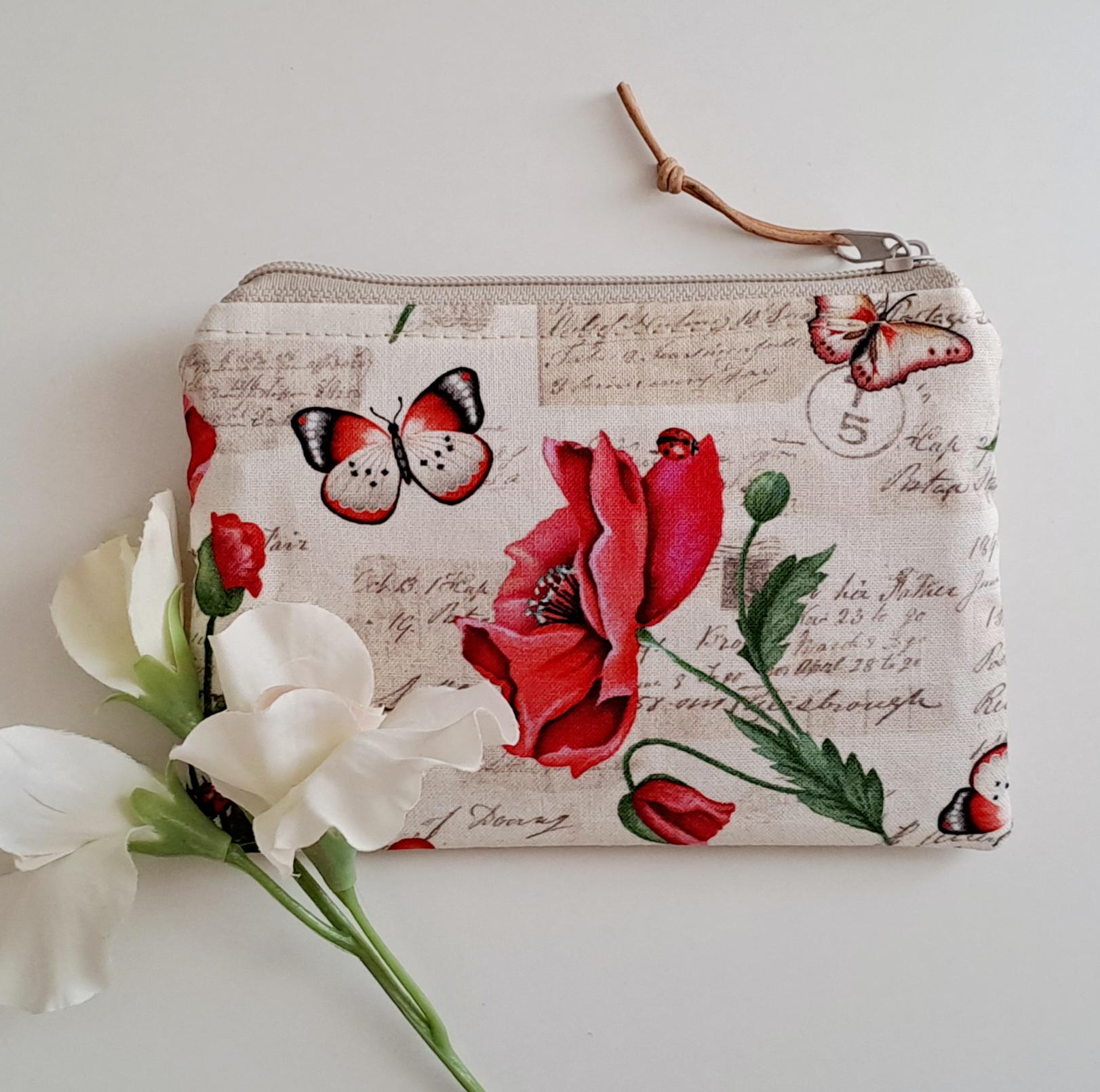 Geldbeutel Kleine Geldbörse Damen Portemonnaie Pflastertasche Schlüsseltasche Geschenk Frau Sofortversand Mohnblumen Beige von VonDerNaehDreschern