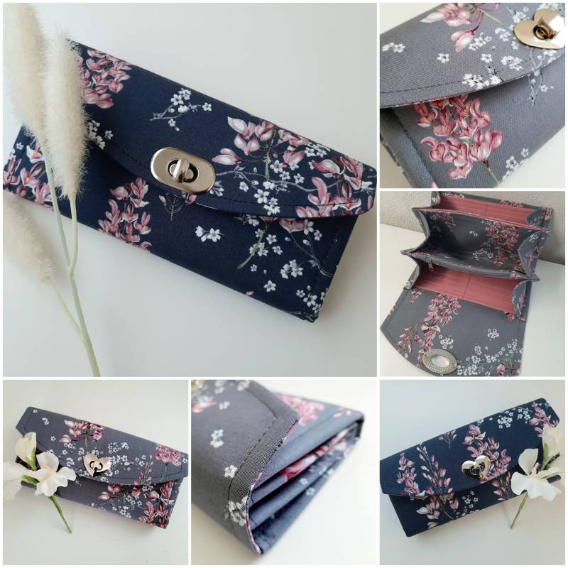 Geldbörse Damen Portemonnaie Geldbeutel Brieftasche Geldgeschenk Geschenk Frau Anfertigung Rosa Blütenzweige Blau Grau von VonDerNaehDreschern
