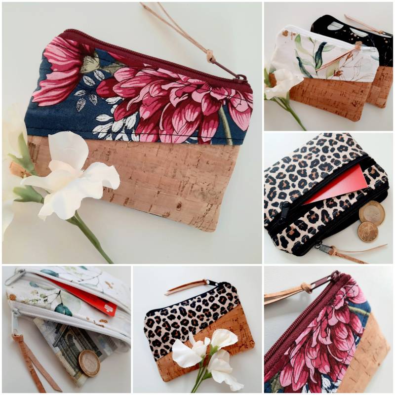 Mini Geldbeutel Kleine Geldbörse Damen Portemonnaie Schlüsseltasche Geldgeschenk Anfertigung Blüten Blätter Leoprint Kork von VonDerNaehDreschern