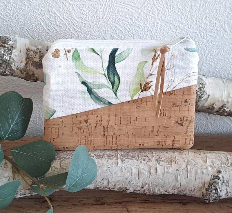 Mini Geldbeutel Kleine Geldbörse Portemonnaie Schlüsseltasche Pflastertasche Sofortversand Eukalyptus Blätterzweige Weiß Mintgrün Braun von VonDerNaehDreschern