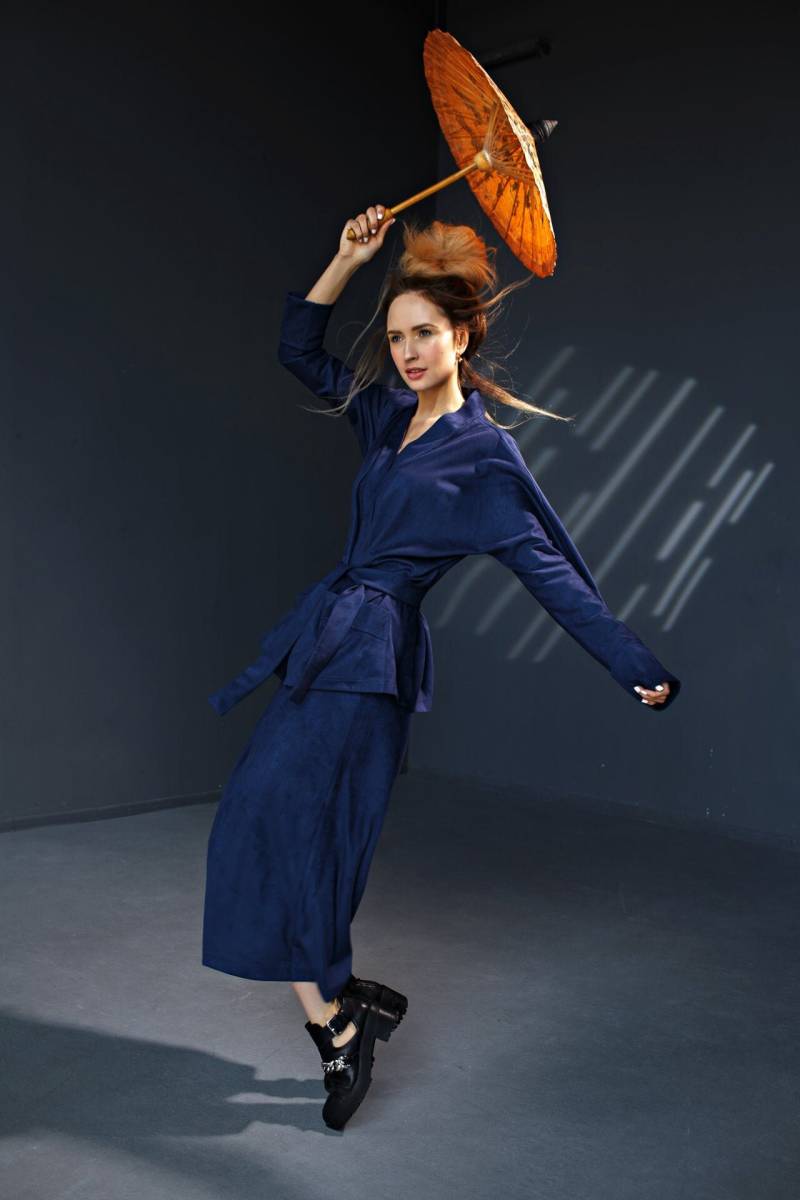 Kimonojacke Aus Wildleder & Hosenanzug Mit Weitem Bein Baumwollmischung von VonaDmytras