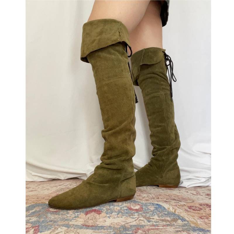 Grüne Wildleder Vintage 70Er 80Er Jahre Overknee Spitz Boho Stiefel von VonlenskaVintage