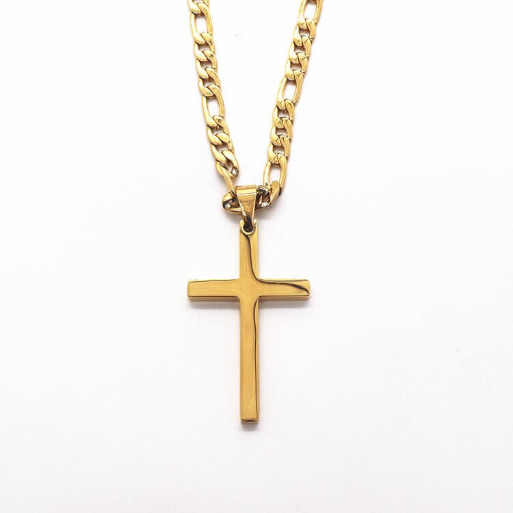 14 K Figaro Gold Kreuz Halskette Für Männer Frauen/Flache Gesicht Anhänger Religiöse Cross Link Perfektes Geschenk Statement von Vonlosangeles