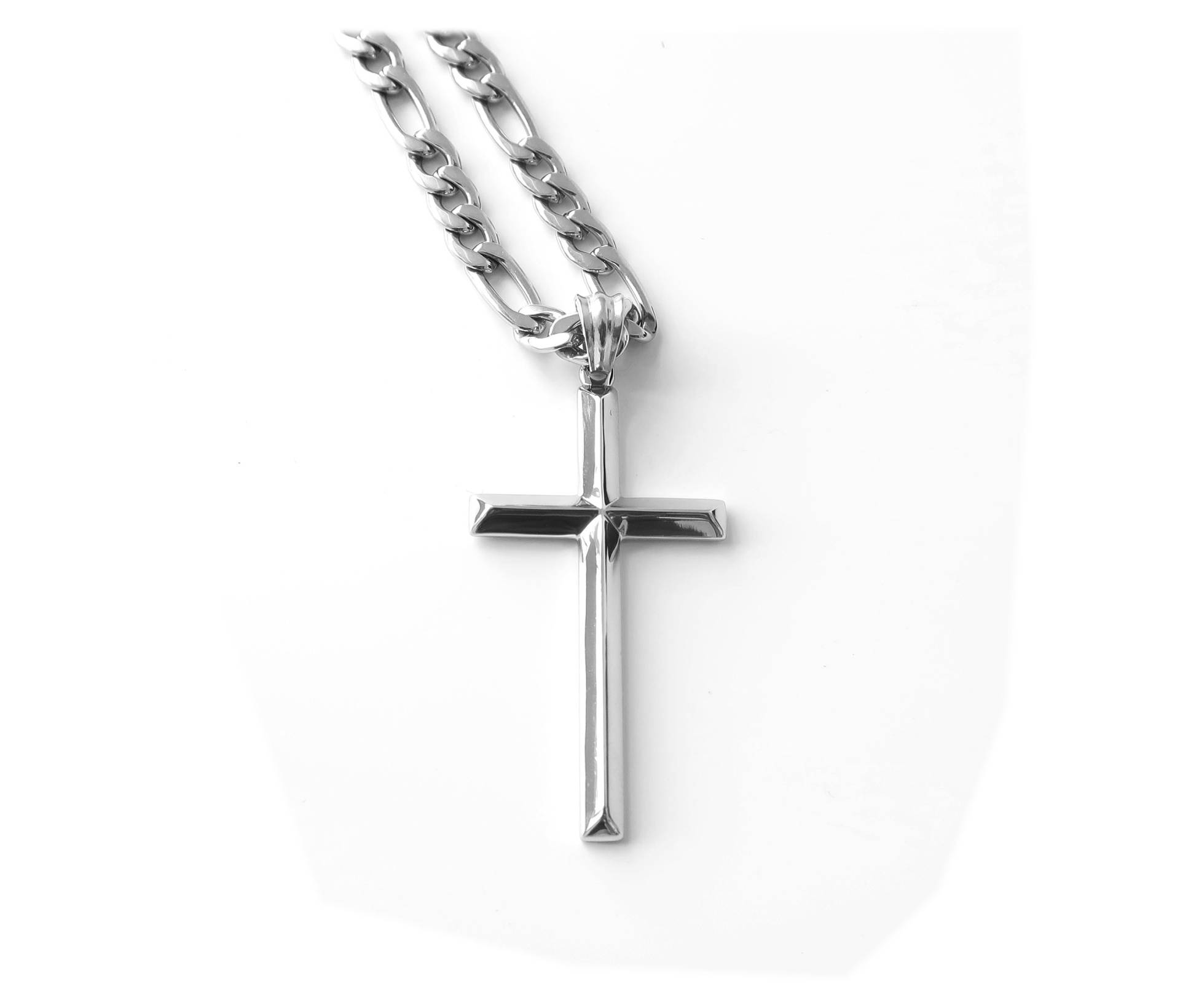 14K Weiß Gold Kreuz Anhänger Halskette 4mm Figaro Kette W Abschräge Kanten Für Männer Ehemann Vater Geschenk Mit Thanksgiving Weihnachten Religiös von Vonlosangeles