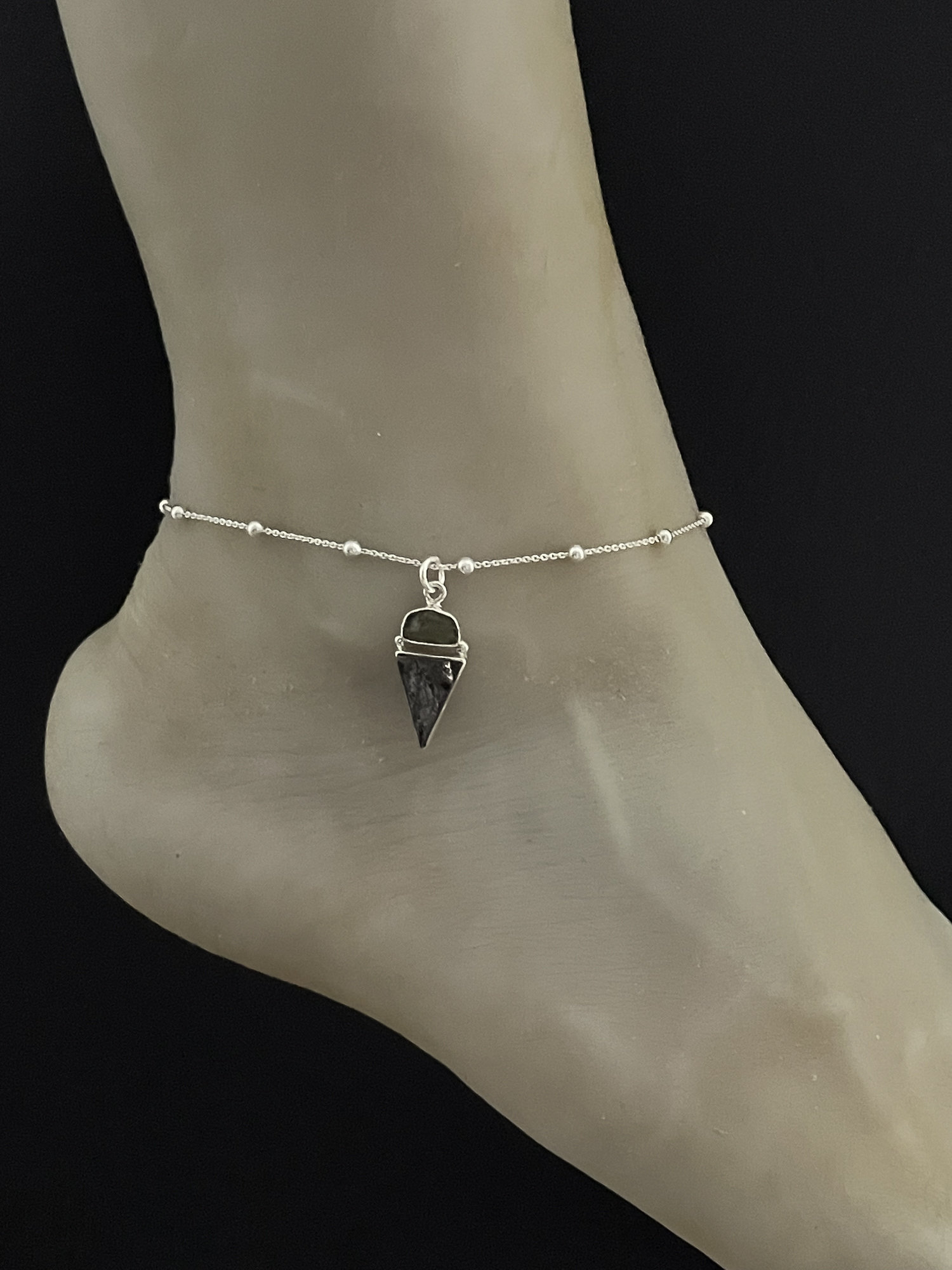 Echte Moldavit Schungit Fußkette, Sterling Silber Perlen Ankle Armband, Charme, Strand Hochzeit Schmuck, Mai Birthstone von VonzJewel