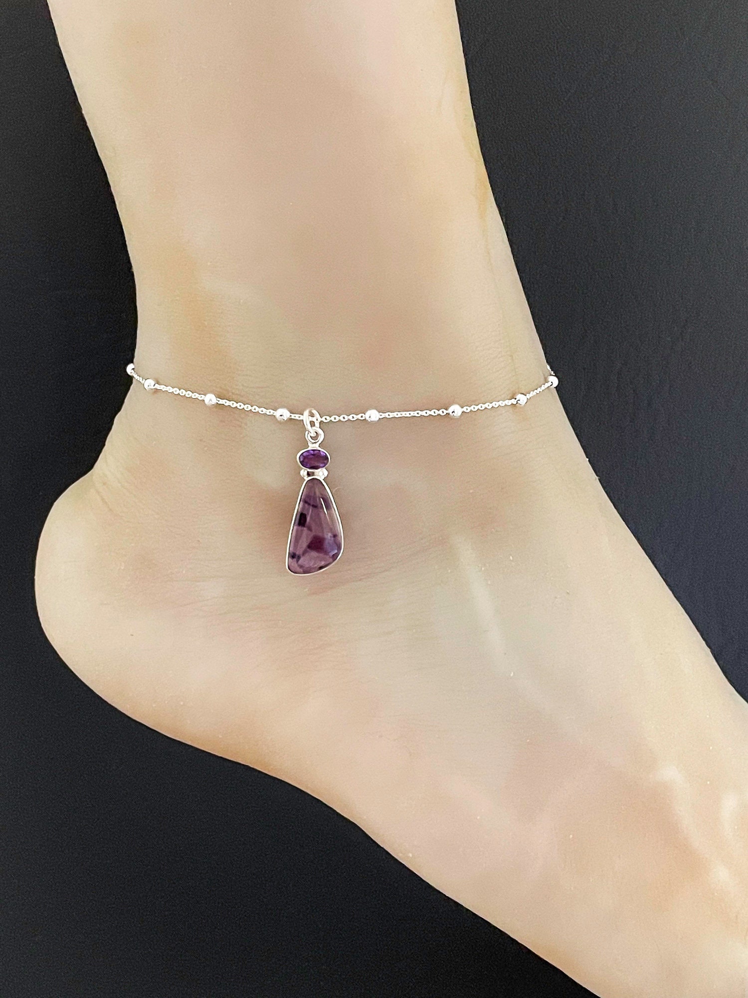 Echtes Amethyst-Fußkettchen, Sterlingsilber-Perlen-Fußkettchen, Amethyst-Charme, Strandhochzeit, Februar Geburtsstein, Valentinstag von VonzJewel