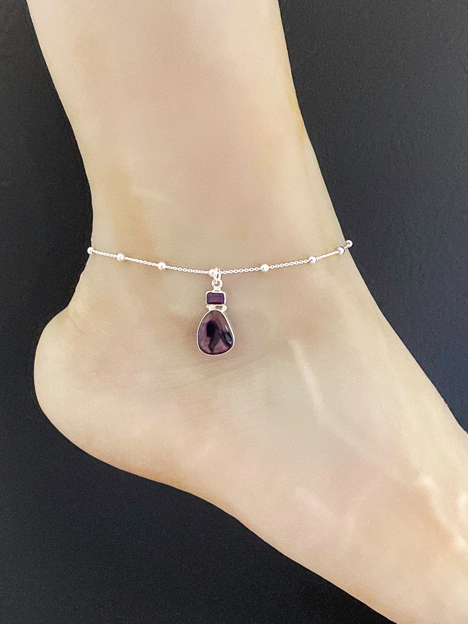 Echtes Amethyst-Fußkettchen, Sterlingsilber-Perlen-Fußkettchen, Amethyst-Charme, Strandhochzeit, Februar Geburtsstein, Valentinstag von VonzJewel