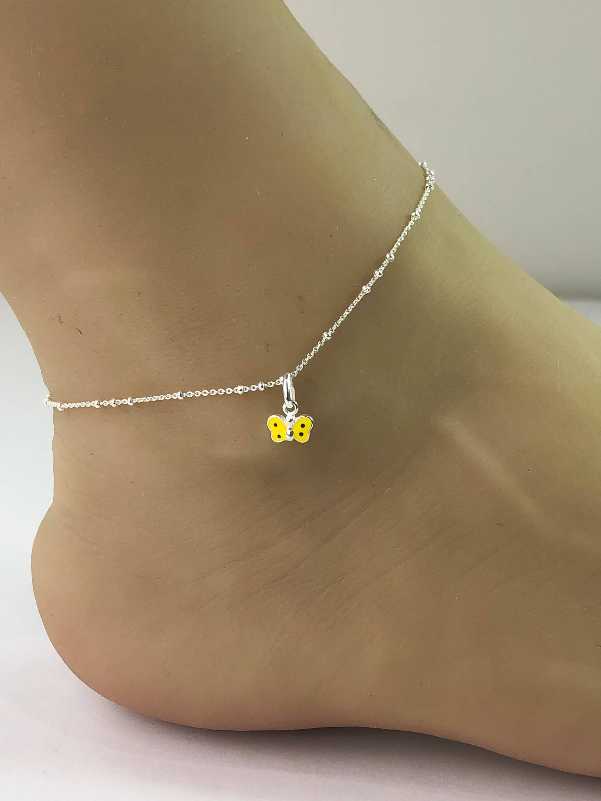 Gelbes Schmetterlings-Fußkettchen, Sterlingsilber-Perlen-Fußkettchen, Glücksbringer-Schmuck, Kleiner Schmetterlingsschmuck, Fußkettchen-Kette von VonzJewel