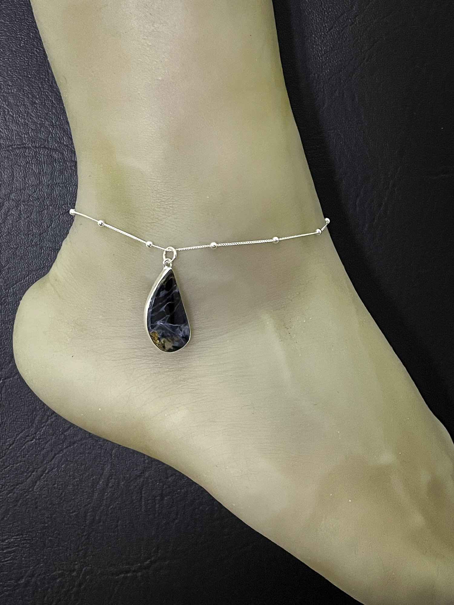 Natürliche Pietersit Fußkette, Sterling Silber Perlen Ankle Armband, Sturm Charme, Strand Hochzeit Juli Birthstone Schmuck von VonzJewel