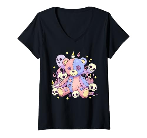 Damen Gruselig Süßer Pastell-Goth Bär Voodoo-Puppe T-Shirt mit V-Ausschnitt von Voodoo Bear Collective