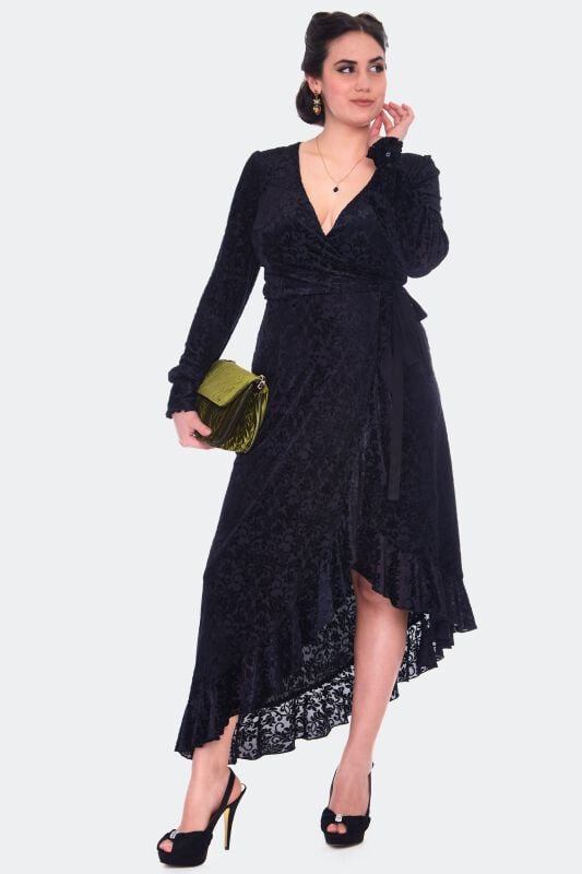 Voodoo Vixen - Gothic Kleid knielang - Devore Long Sleeve Wrap Dress - XS bis S - für Damen - Größe XS - schwarz von Voodoo Vixen