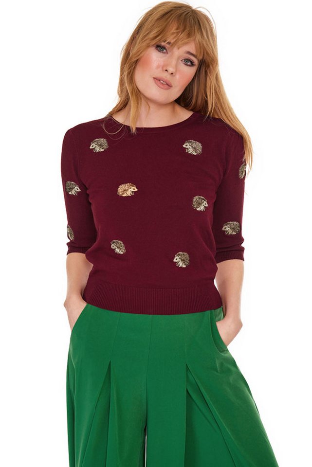 Voodoo Vixen Kurzarmpullover Hedgehog Igel Retro Vintage Sweater Burgunder von Voodoo Vixen
