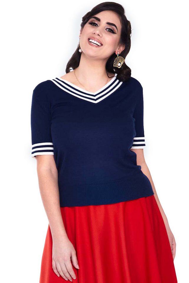 Voodoo Vixen Kurzarmpullover Stripe Neckline Short Sleeve Sweater Maritim Retro Oberteil von Voodoo Vixen