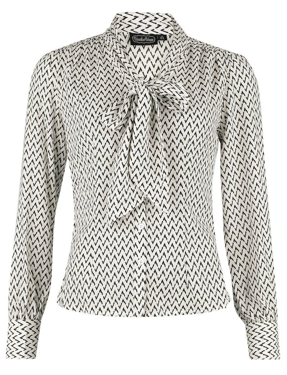 Voodoo Vixen - Rockabilly Bluse - Crepe Bow Long Sleeve Blouse - XS bis 4XL - für Damen - Größe XXL - weiß/schwarz von Voodoo Vixen