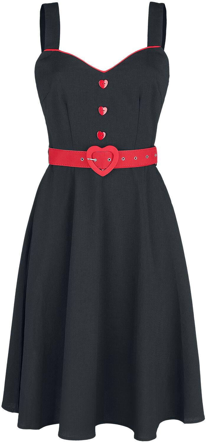 Voodoo Vixen - Rockabilly Kleid knielang - Queen Heart Button Flare Dress - XS bis 4XL - für Damen - Größe XS - schwarz/rot von Voodoo Vixen