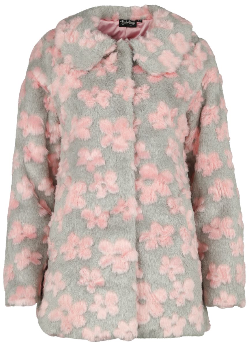 Voodoo Vixen - Rockabilly Mantel - Flower Patch Faux Fur Coat - XS bis XXL - für Damen - Größe L - grau/rosa von Voodoo Vixen