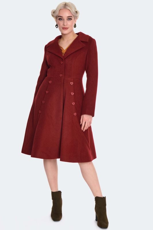 Voodoo Vixen - Rockabilly Mantel - Heart Button Flare Coat - XS bis L - für Damen - Größe XS - rot von Voodoo Vixen