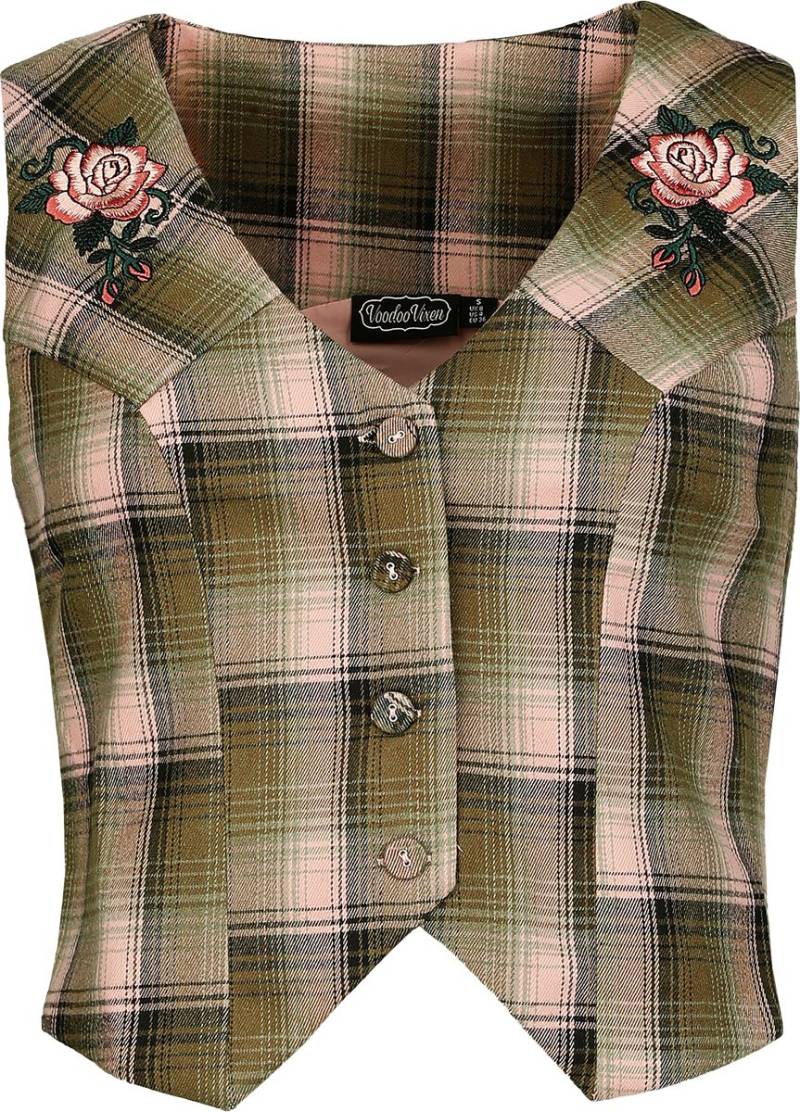 Voodoo Vixen - Rockabilly Weste - Plaid Flower Embroidered Western Vest - XS bis XXL - für Damen - Größe XXL - grün/rosa Voodoo Vixen - Rockabilly Weste - Plaid Flower Embroidered Western Vest - XS bis XXL - für Damen - Größe XXL - grün/rosa von Voodoo Vixen