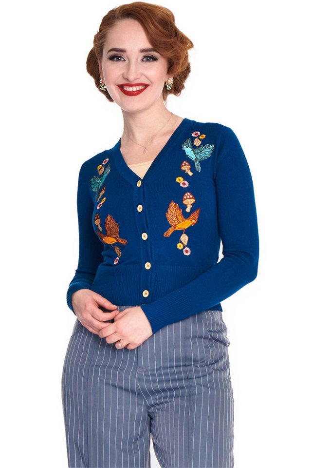 Voodoo Vixen Strickjacke Blue Woodland Cardigan Retro Vintage Blumen Vögel Pilze von Voodoo Vixen