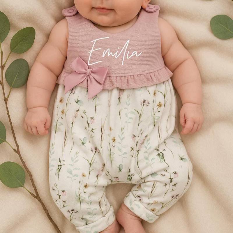 Baby Mädchen Strampler Mit Namen Blumenmuster - Handmade Outfit Besondere Geschenkidee Für von Voodulu