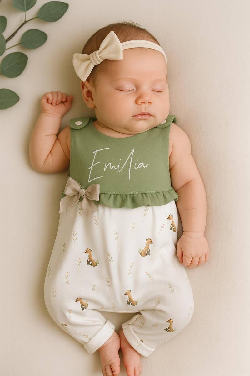 Limited Edition Baby Strampler - Füchse & Blümchen | Olivgrün Mit Schleife Handmade Latzhose Für Mädchen von Voodulu