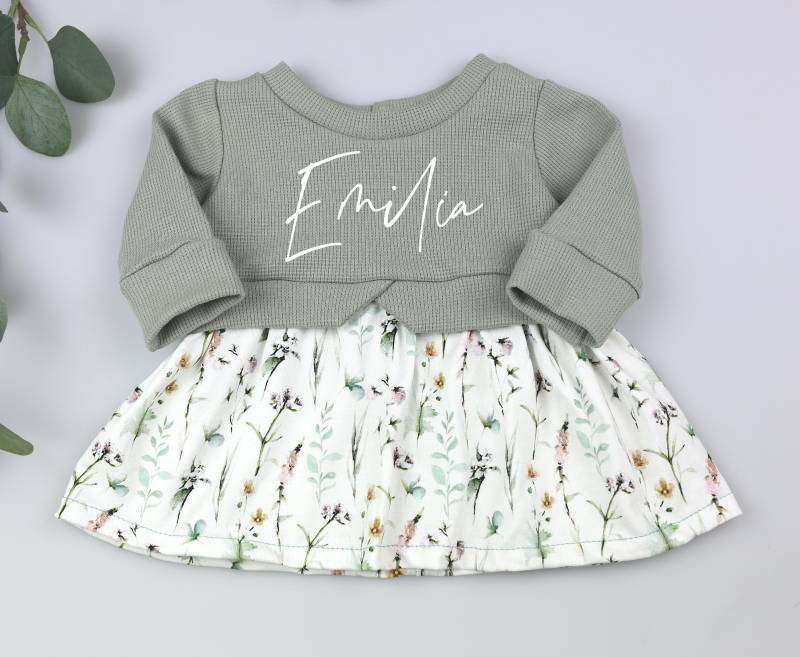 Mädchen Kleid Handmade Mit Blumenmuster - Kombiniert Struktur Jersey in Dutsy Mint Geschenkidee Für von Voodulu