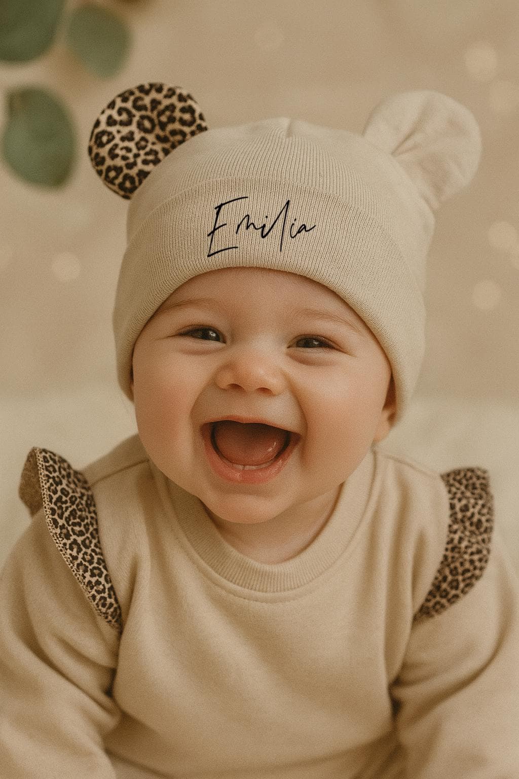 Mütze Für Mädchen Mit Teddy Ohren, Leoparden Muster - Kopfbedeckung Handmade Personalsierung Babys von Voodulu