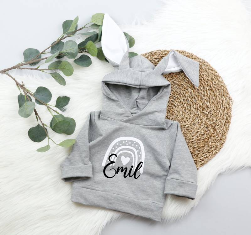 Voodulu® Hasen Hoodie Mit Ohren, Grau Weiß Sweat Personalisiert Gburtstag Kuschelig Kapuze, Mädchen, Junge Geschenk Geburt Taufe Regenbogen von Voodulu
