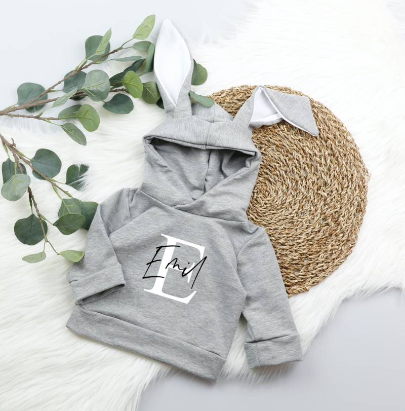 Voodulu® Hasen Hoodie Mit Ohren, Grau Weiß Sweat Personalisiert Gburtstag Kuschelig Kapuze Für Mädchen Und Junge Geschenk Geburt Taufe von Voodulu