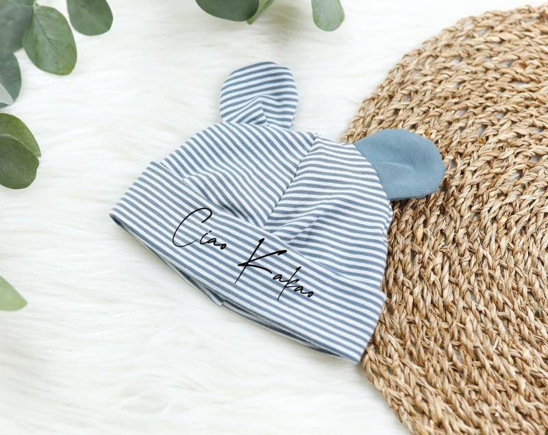 Voodulu® Teddy Mütze, Hipster Kindermütze, Babymütze, Personalisiert Mit Namen Blau Streifen Ohren von Voodulu