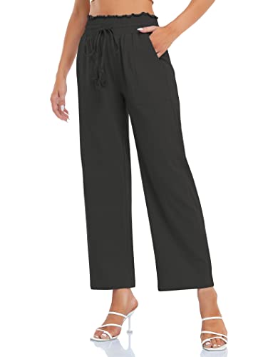 Voopptaw Baumwoll-Leinenhose für Damen, elastisch, hohe Taille, breites Bein, Loungehose mit Kordelzug, Sommer-Bequeme Hose mit Taschen, Schwarz , S von Voopptaw