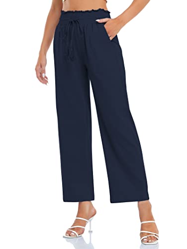 Voopptaw Baumwoll-Leinenhose für Damen, elastisch, hohe Taille, breites Bein, Loungehose mit Kordelzug, Sommer-Bequeme Hose mit Taschen, blau, XXL von Voopptaw