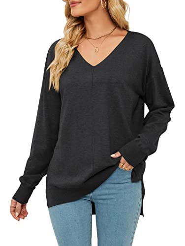 Voopptaw Damen Casual V Ausschnitt Pullover UK Fledermausärmel Seitenschlitz Lose Strickpullover Sweatshirts Tops, Schwarz , L von Voopptaw