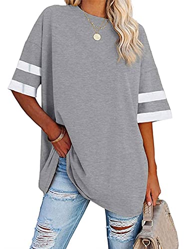 Voopptaw Damen Sommer Casual V Ausschnitt Gestreift Halbarm T Shirt Damen Bequem Oversized Baseball T-Shirts Tunika Tops, #2 Grau, XXL von Voopptaw