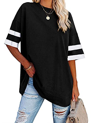Voopptaw Damen-T-Shirt, Sommer, lässig, Rundhalsausschnitt, gestreift, halblange Ärmel, bequem, übergroß, Baseball-T-Shirt, Tunika, Tops, Schwarz, L von Voopptaw