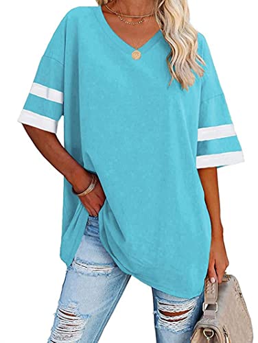 Voopptaw Damen Sommer Casual V-Ausschnitt Gestreift Halbarm T-Shirt Damen Bequem Oversized Baseball T-Shirts Tunika Tops, blau, M von Voopptaw