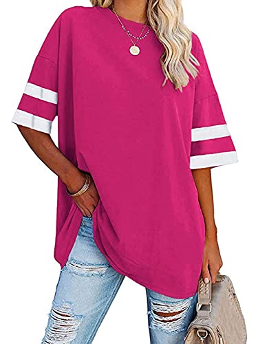 Voopptaw Damen Sommer Casual V-Ausschnitt Gestreift Halbarm T-Shirt Damen Bequem Oversized Baseball T-Shirts Tunika Tops, hot pink, Small von Voopptaw