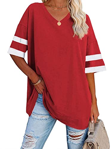 Voopptaw Damen Sommer Casual V-Ausschnitt Gestreift Halbarm T-Shirt Damen Bequem Oversized Baseball T-Shirts Tunika Tops, rot, Large von Voopptaw