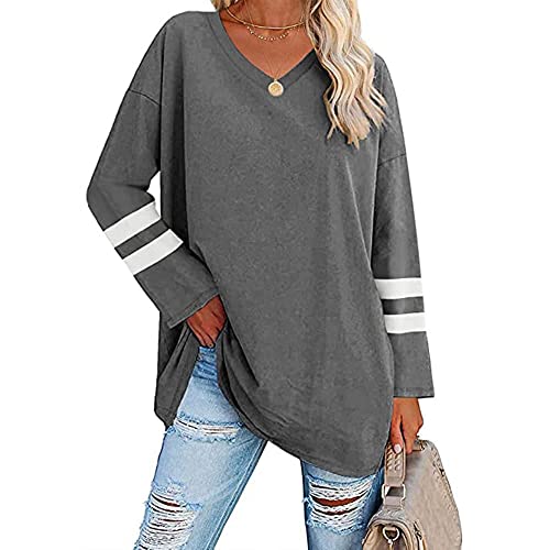 Voopptaw Damen Sommer Herbst Casual Rundhals Gestreift Langarm T-Shirt Damen Bequem Oversized Baseball T-Shirts Tunika Tops, #2 Dunkelgrau, X-Large von Voopptaw